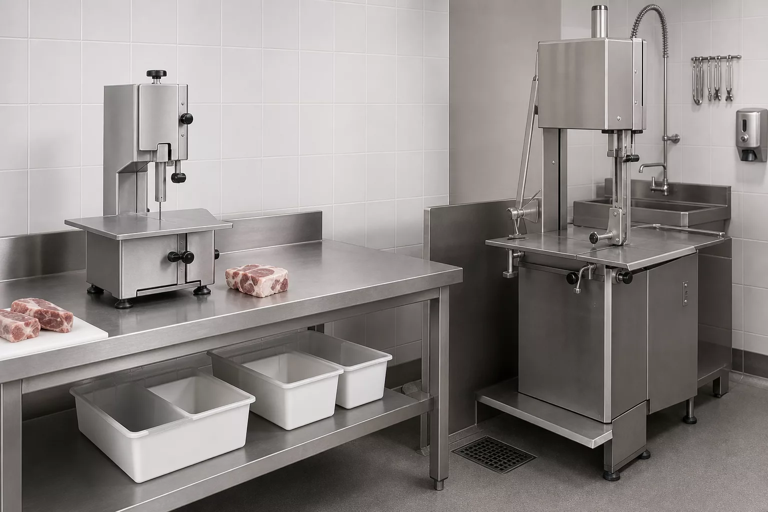 Tabletop and floor commercial bone saws in separate hygienic food-processing workstations