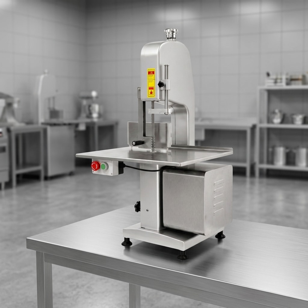 Commercial tabletop bone saw installed on a stainless-steel workbench