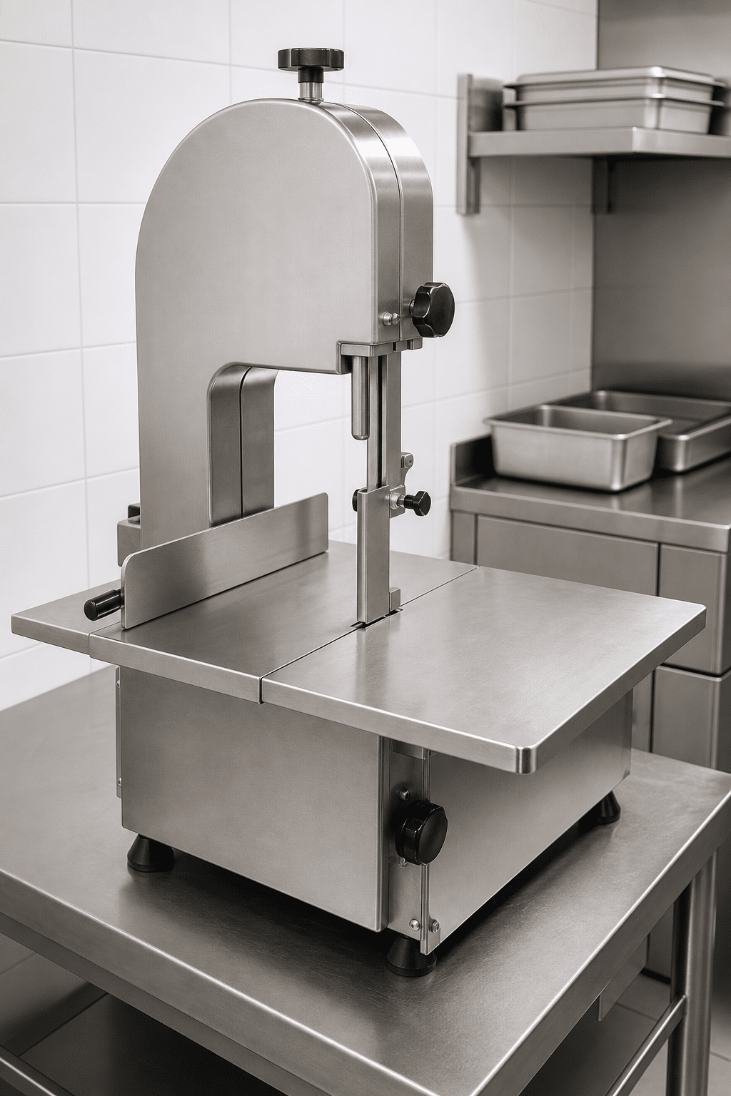 Commercial tabletop bone saw installed on a stainless-steel workbench