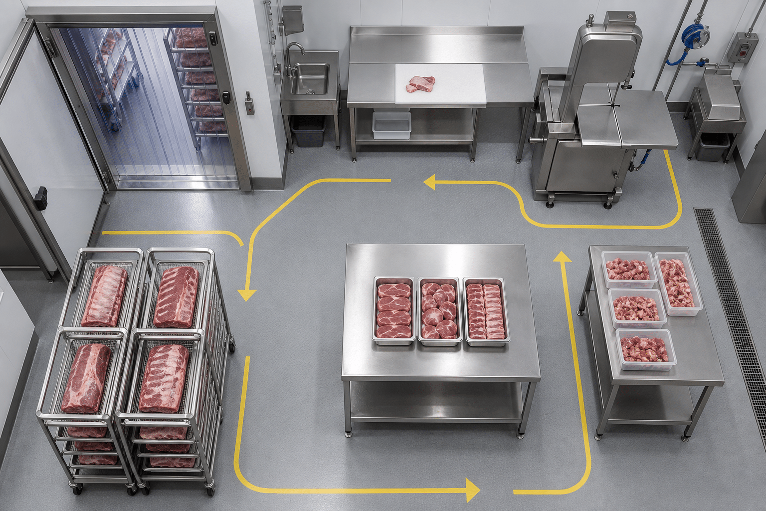 Planned meat-processing workflow with a dedicated bone saw cutting station