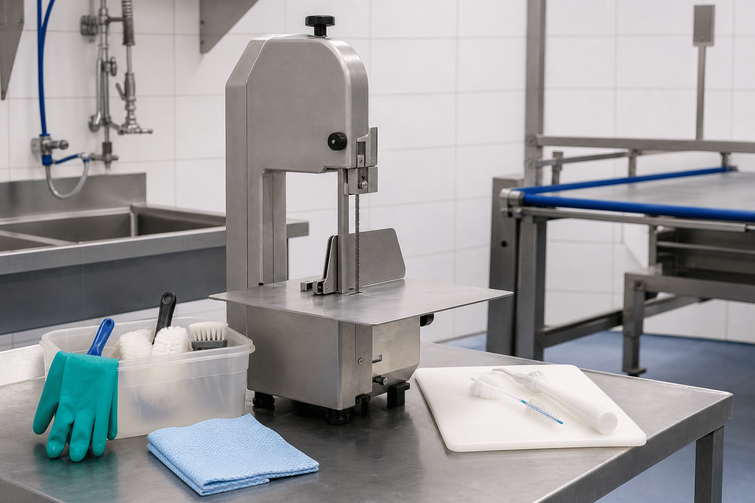 Commercial bone saw prepared for safe cleaning and routine inspection