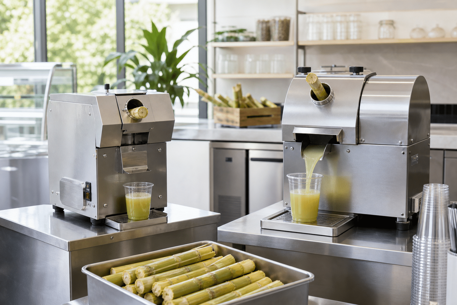 Commercial sugarcane juicing machines prepared for a buyer comparison in a clean juice bar workspace