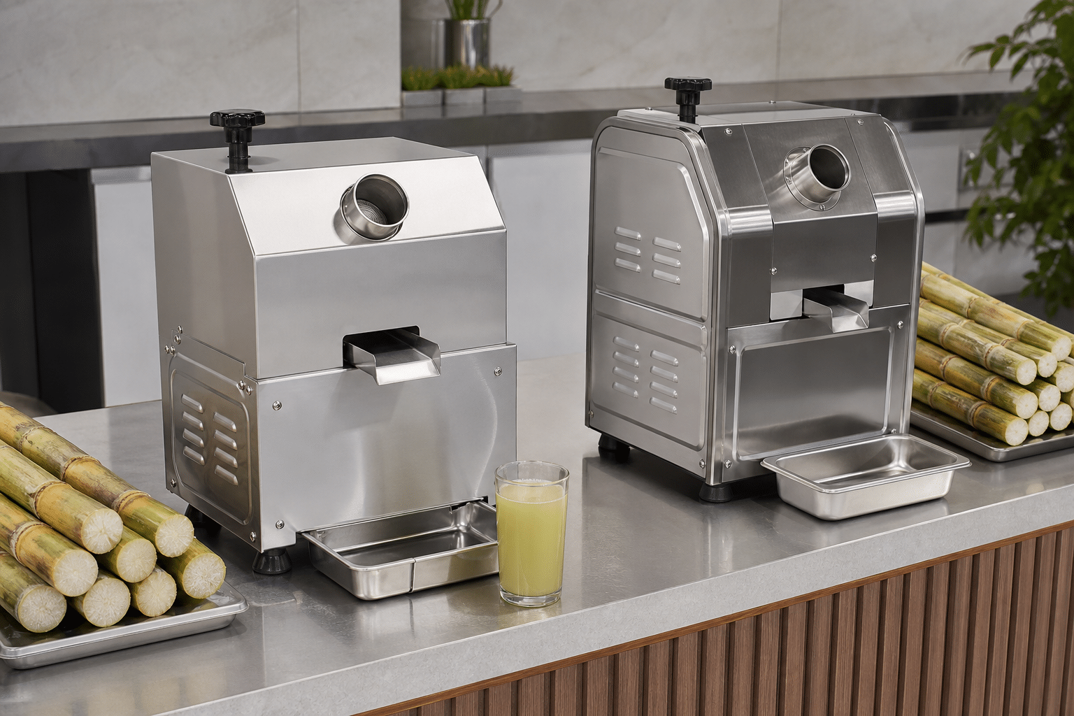Two commercial sugarcane juicer configurations on a clean service counter