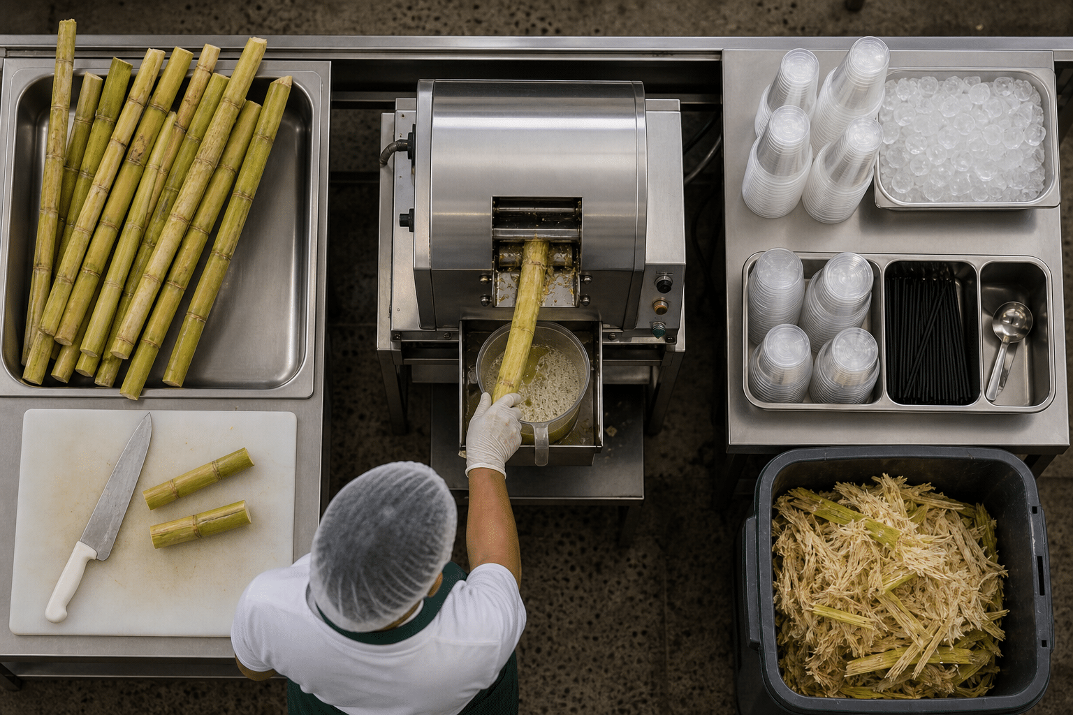Organised commercial sugarcane juice preparation and serving workflow