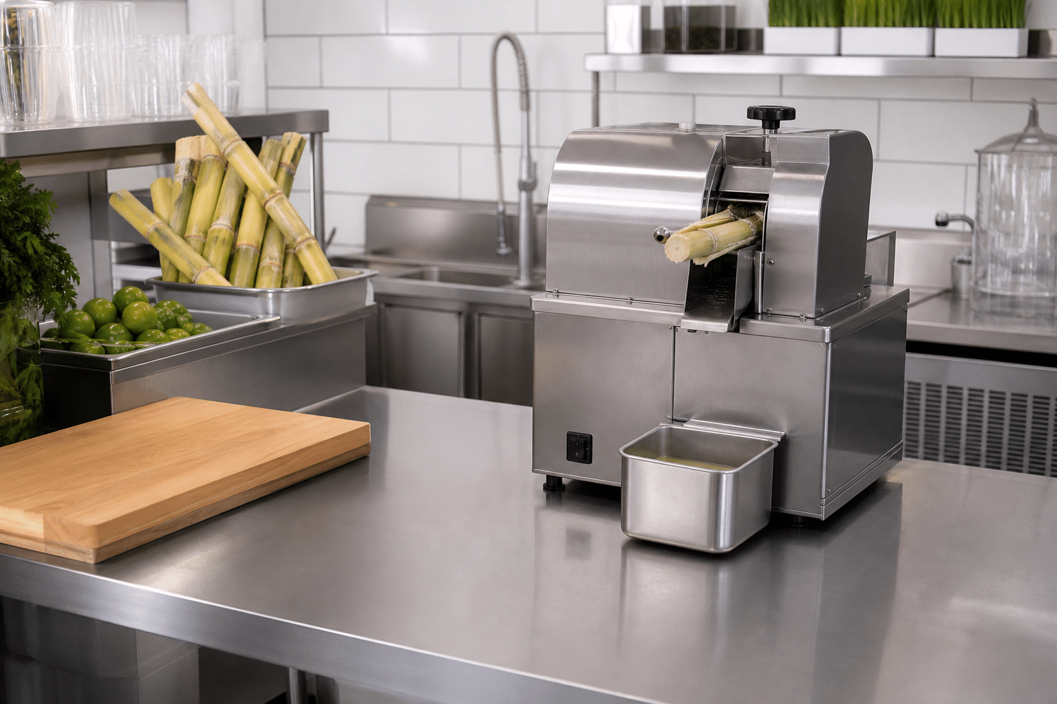 Commercial sugarcane juicer positioned with practical counter and cleaning access