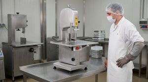 Commercial bone saw machine in a clean butcher preparation area