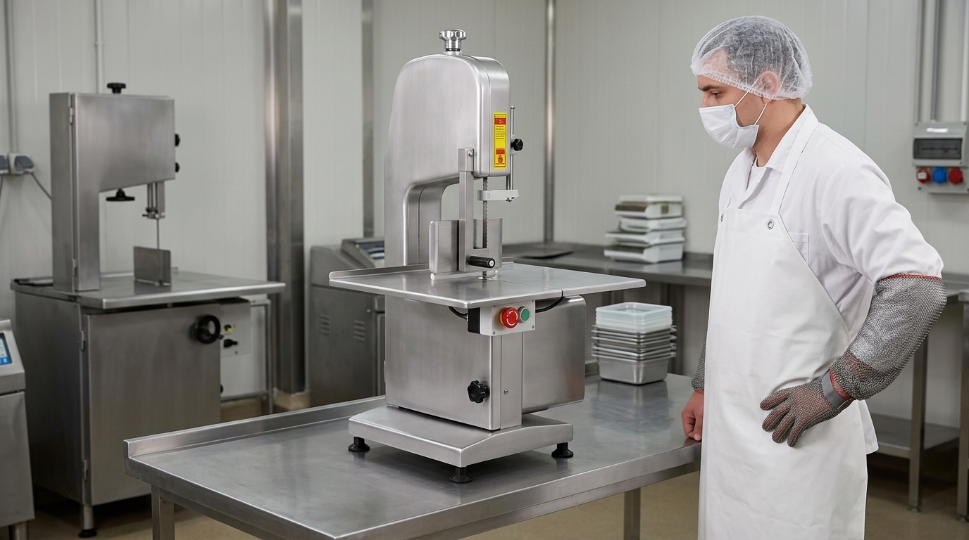 Commercial bone saw machine in a clean butcher preparation area