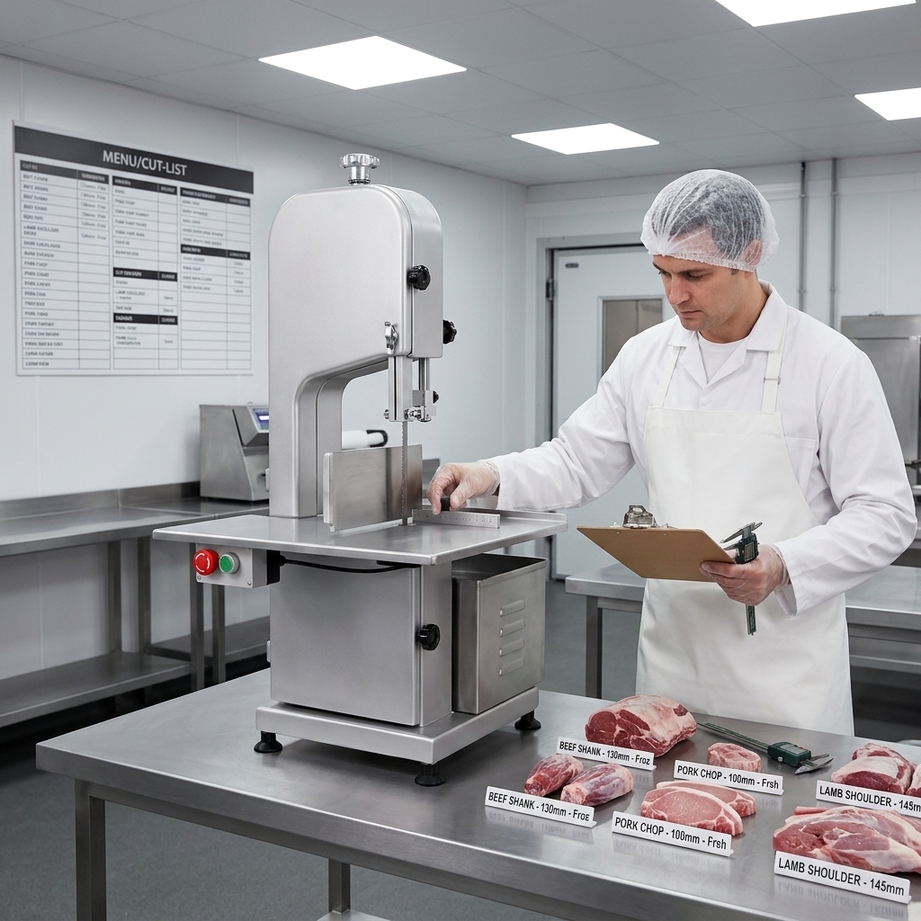 Butcher reviewing products before selecting a commercial bone saw