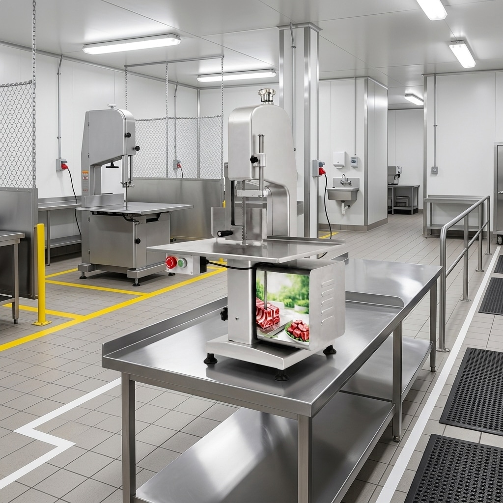 Tabletop and floor commercial bone saw configurations in a cutting room