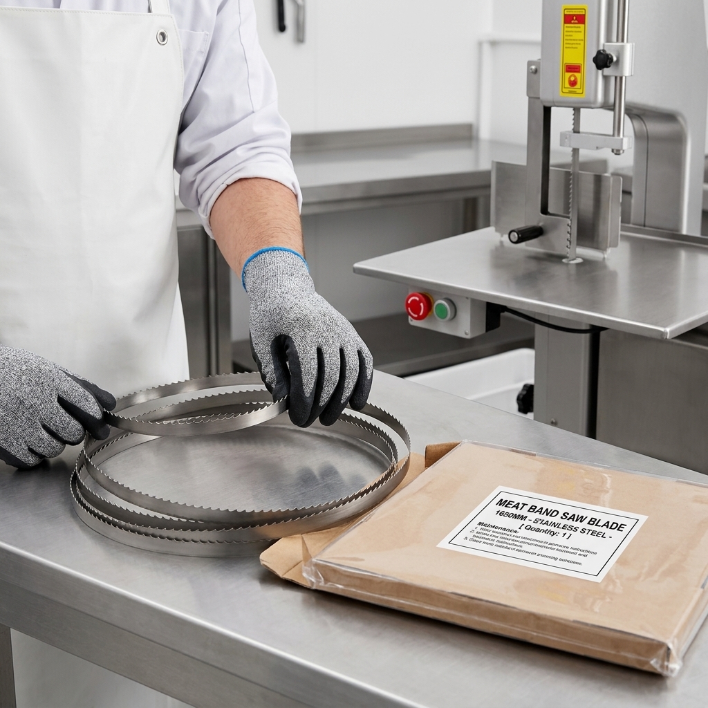 Inspection of a replacement blade for a commercial meat band saw