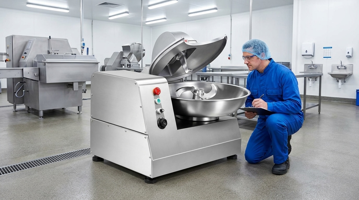 Technician inspecting clean bowl cutter blades during routine maintenance