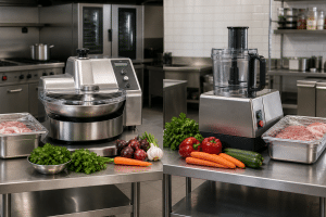 Commercial bowl cutter and food processor in separate professional kitchen prep areas