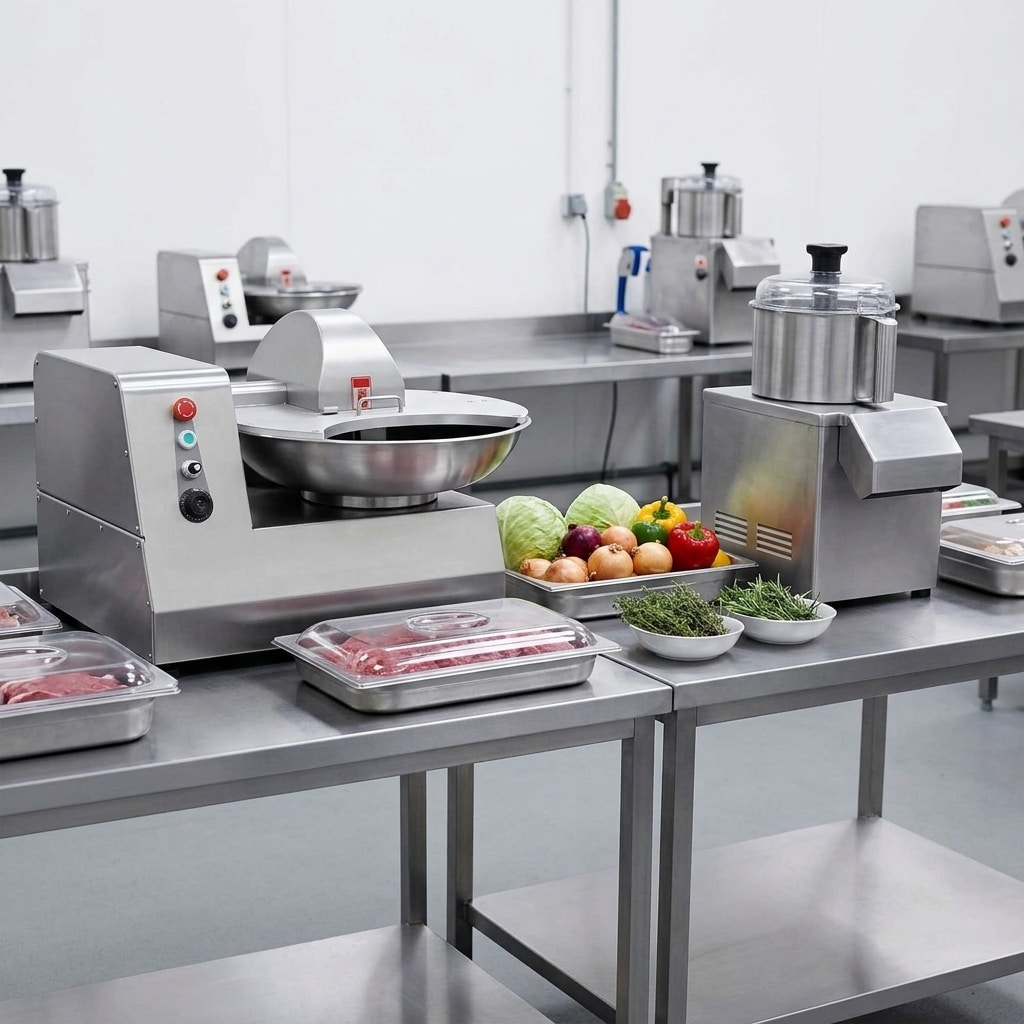 Commercial bowl cutter and food processor in separate professional kitchen prep areas