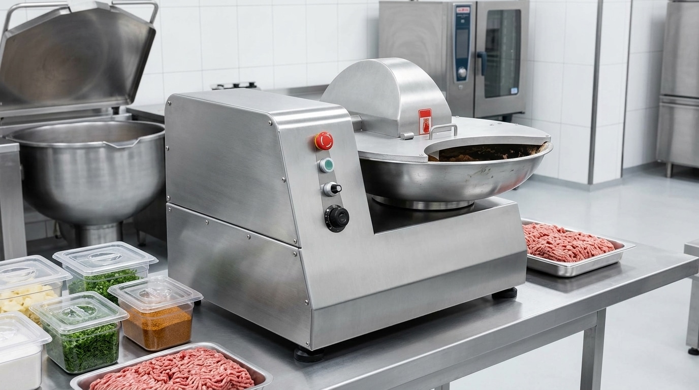 Commercial bowl cutter positioned in a clean meat preparation area