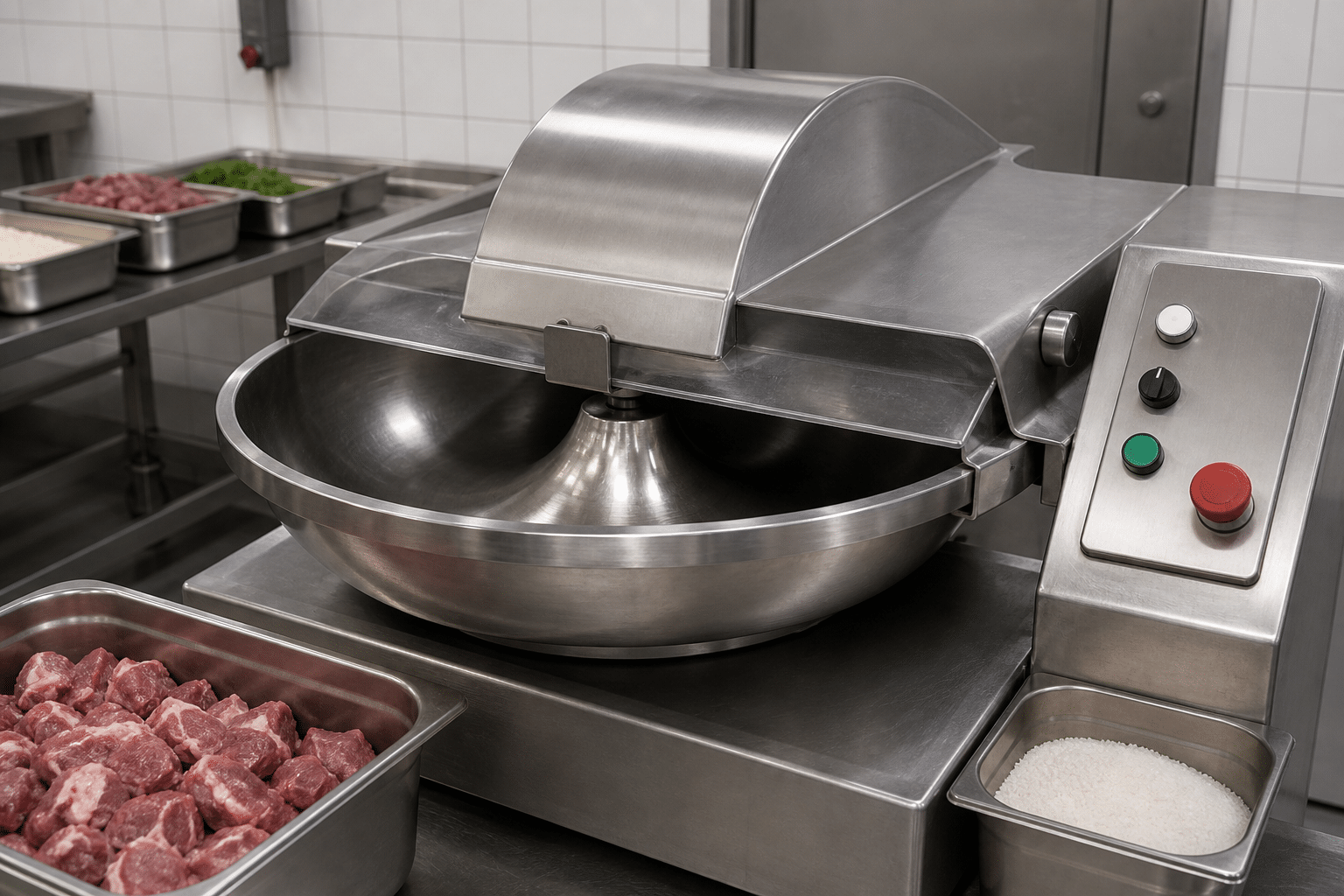 Commercial bowl cutter positioned in a clean meat preparation area
