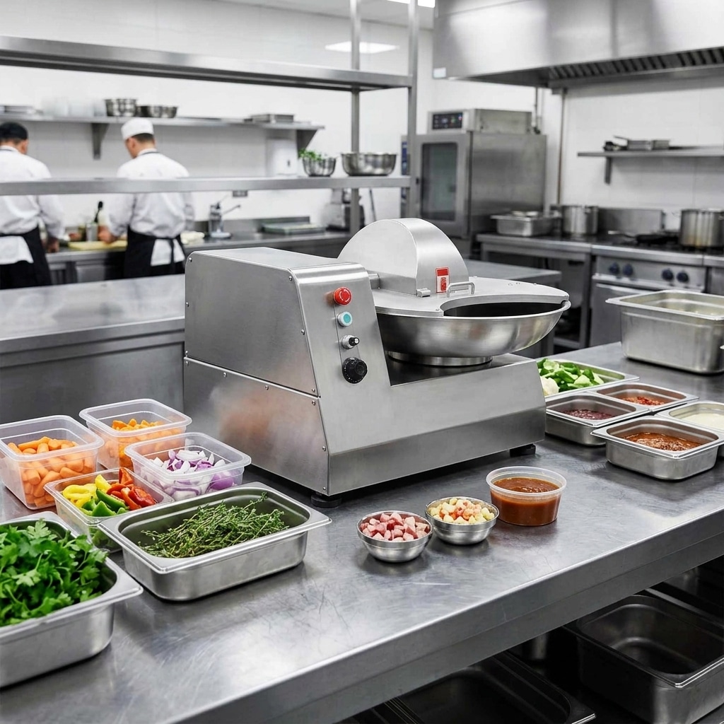 Commercial food processor used for vegetable and sauce preparation