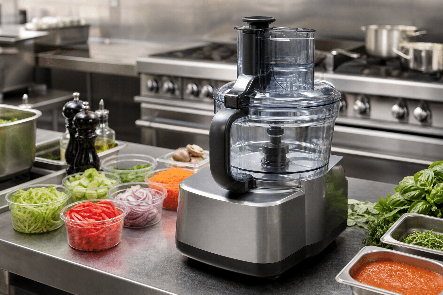 Commercial food processor used for vegetable and sauce preparation