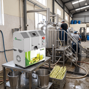 Commercial sugarcane juice extraction equipment compared with a larger cane processing setup
