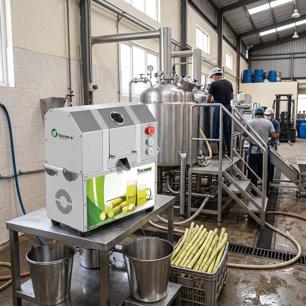 Commercial sugarcane juice extraction equipment compared with a larger cane processing setup