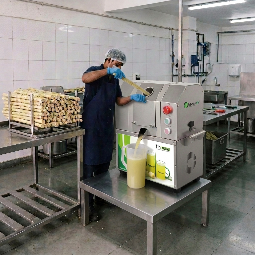 Fresh sugarcane juice extraction workflow in a commercial beverage operation