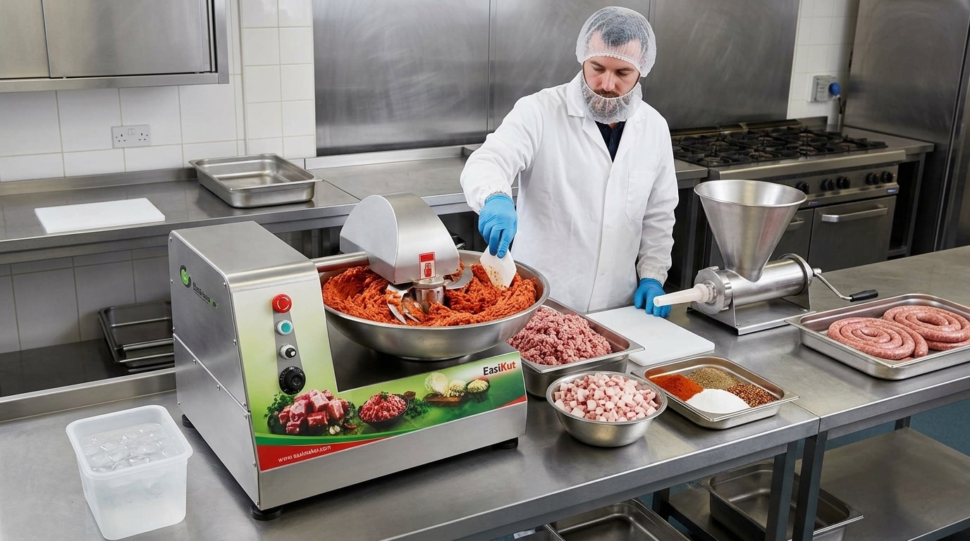 Commercial bowl cutter integrated into a professional food preparation workflow