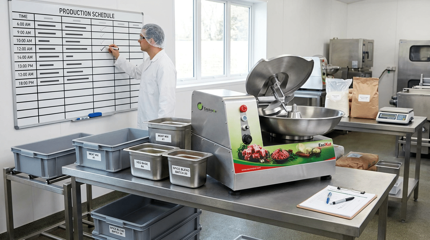 Food processor planning batch size and production workflow for a bowl cutter