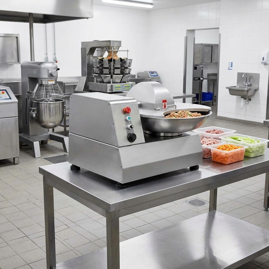 Commercial bowl cutter positioned in a clean and organised commercial kitchen workstation