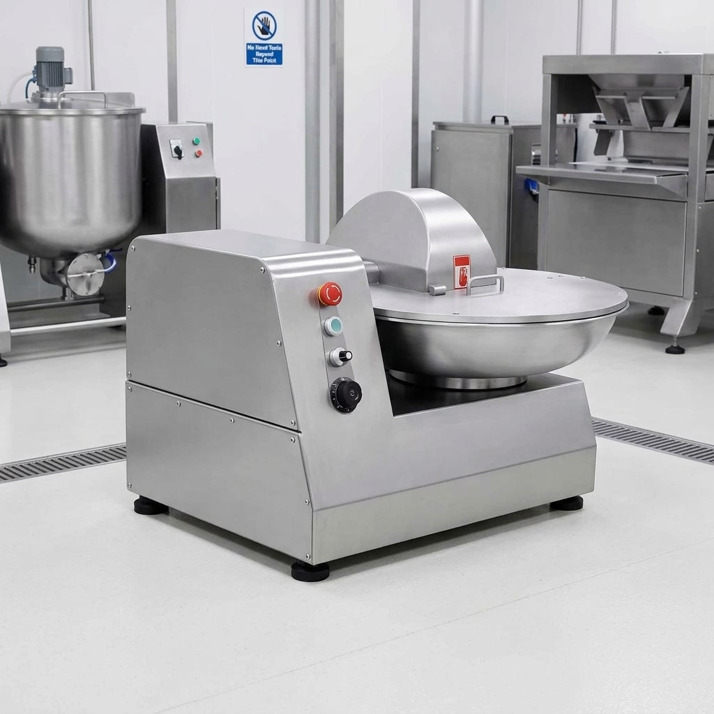 Key visible components of a commercial bowl cutter in a food preparation area