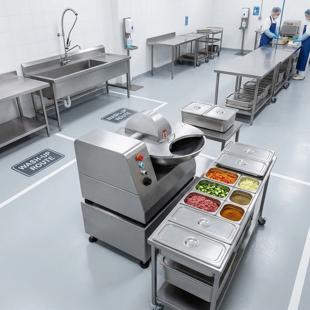 Planned commercial kitchen workstation around a bowl cutter