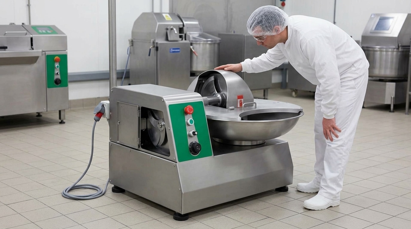 Operator completing pre-start checks on a commercial bowl cutter