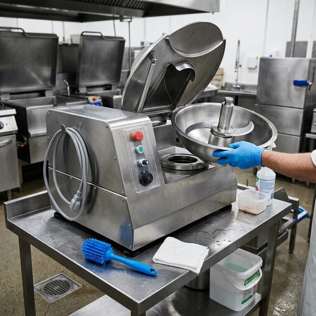 Cleaning and maintenance of a commercial bowl cutter after production