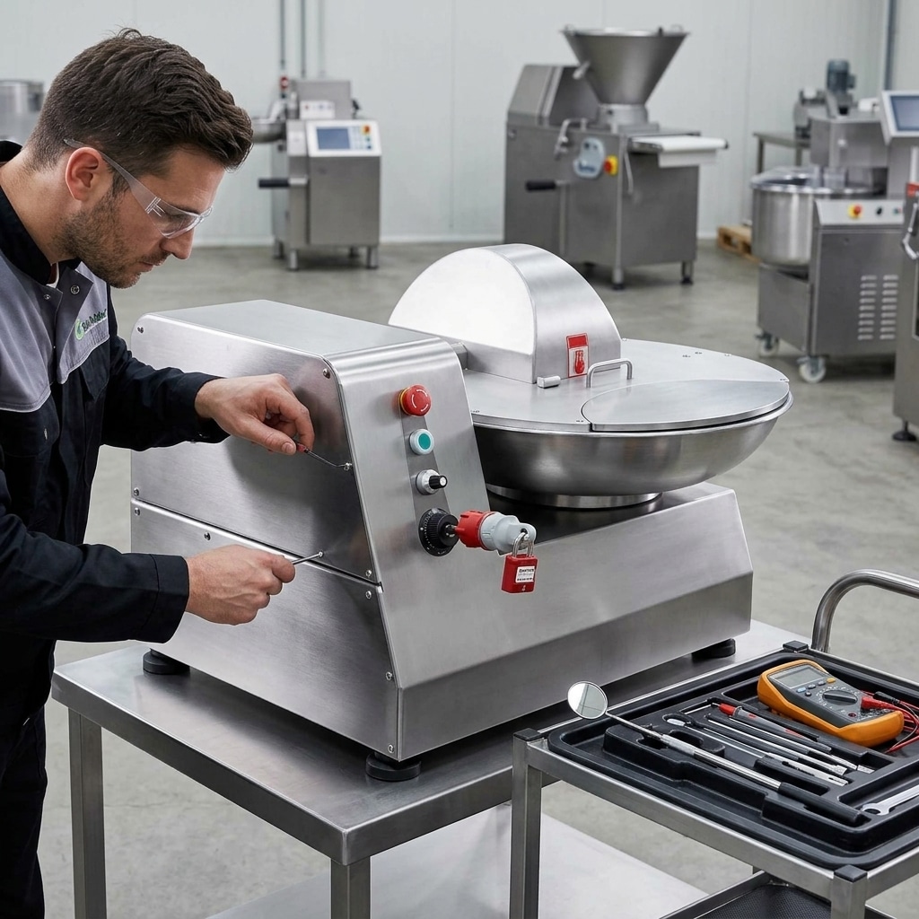 Technician inspecting an isolated commercial bowl cutter for service