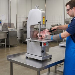 Commercial meat bone saw in a professional food processing workspace