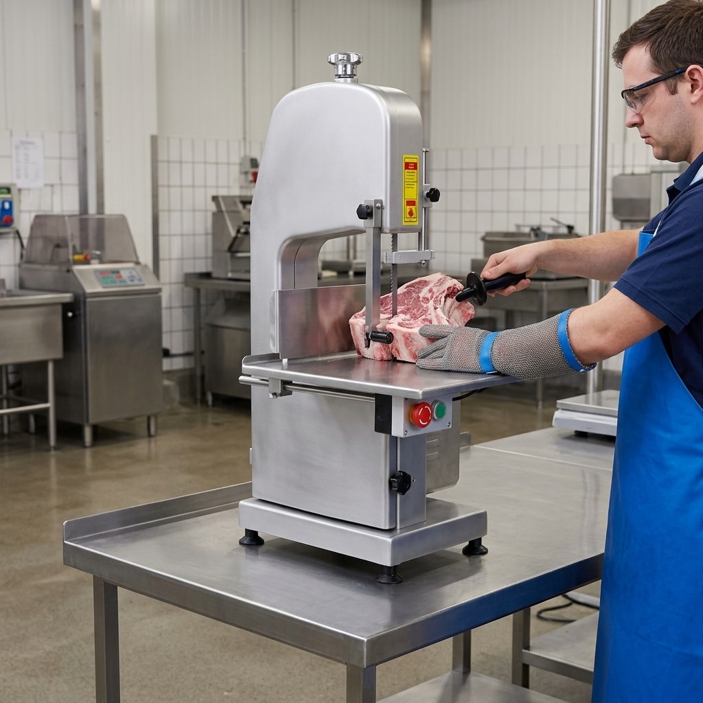 Commercial meat bone saw in a professional food processing workspace