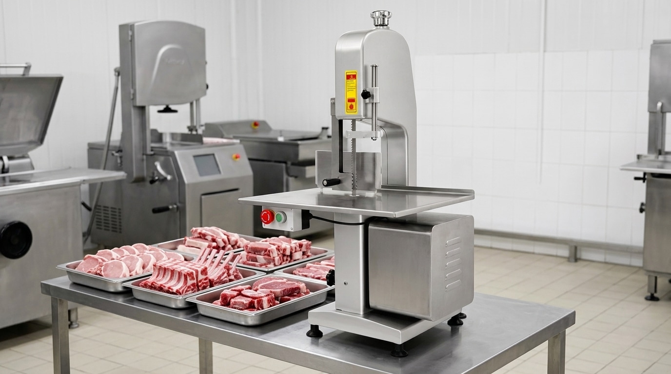Commercial meat bone saw prepared for processor operations