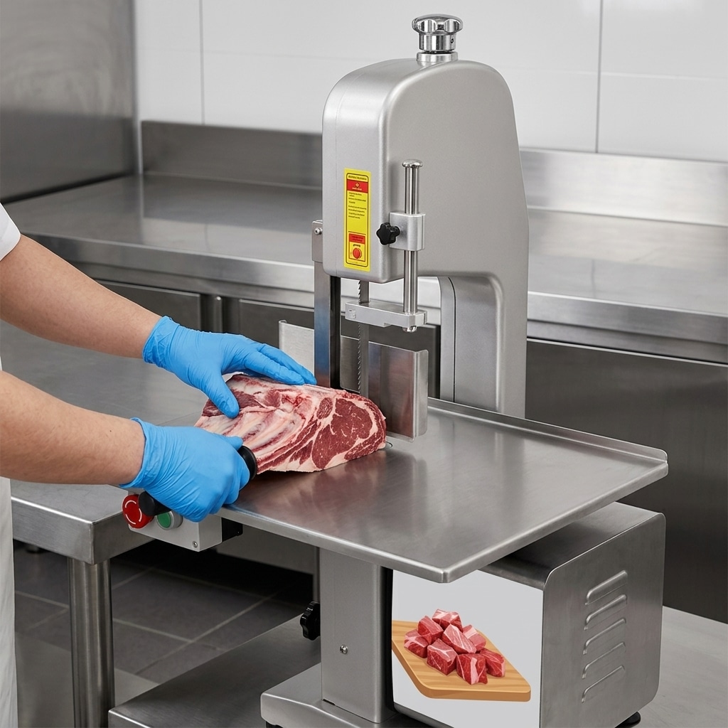 Operator positioning a meat and bone cut for portioning