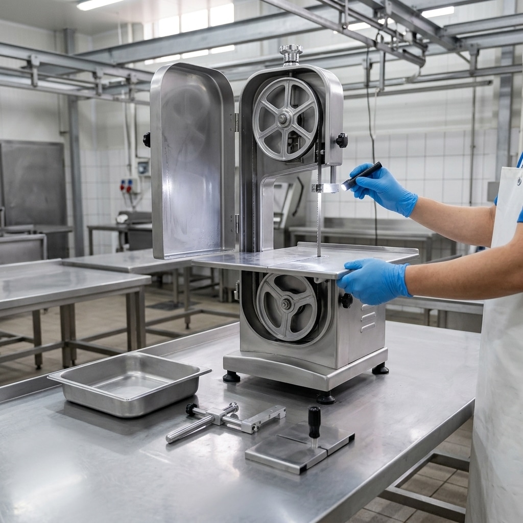 Cleaning and inspecting a stainless steel meat bone saw