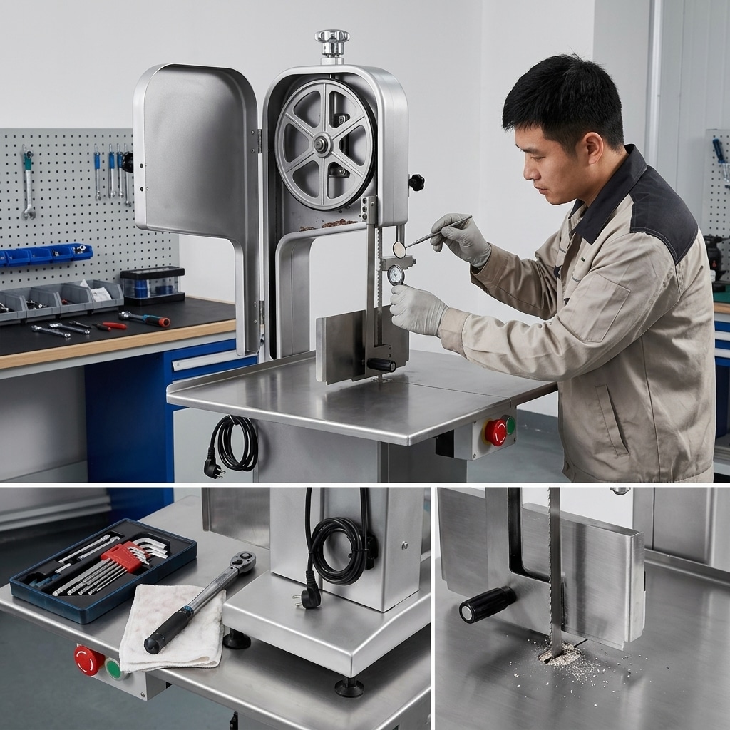 Technician inspecting a commercial meat bone saw blade and guard
