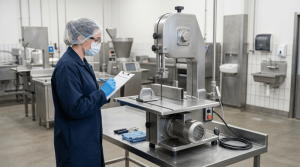 Operator safely inspecting a commercial meat bone saw before troubleshooting