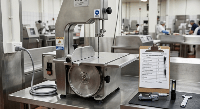 Commercial meat bone saw prepared for a safe inspection