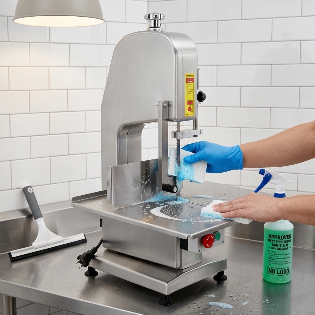 Cleaning accessible areas of a commercial meat band saw