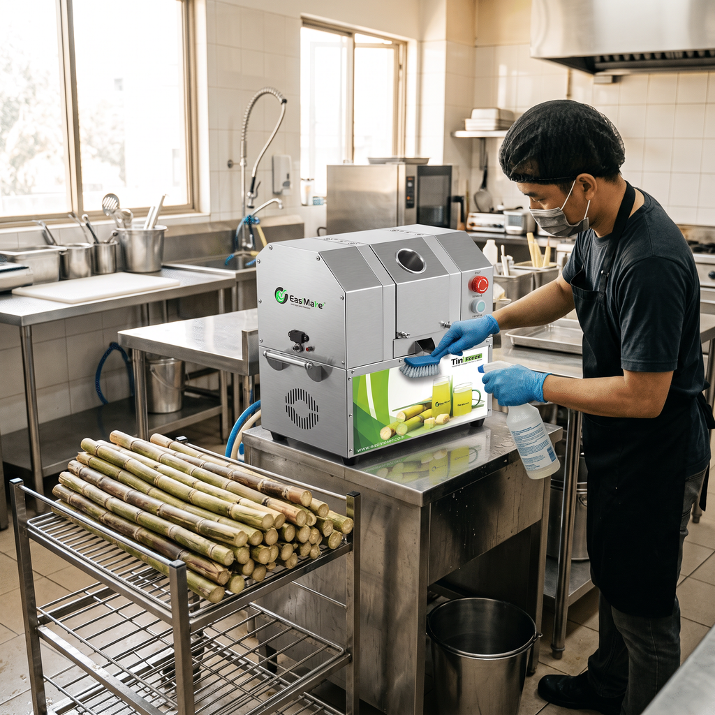 Operator cleaning a commercial sugarcane juicer in a hygienic shop preparation area