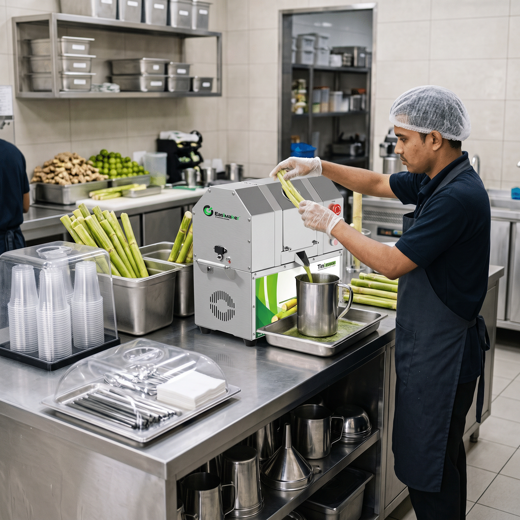 Clean commercial sugarcane juice preparation station with juicer and protected serving supplies