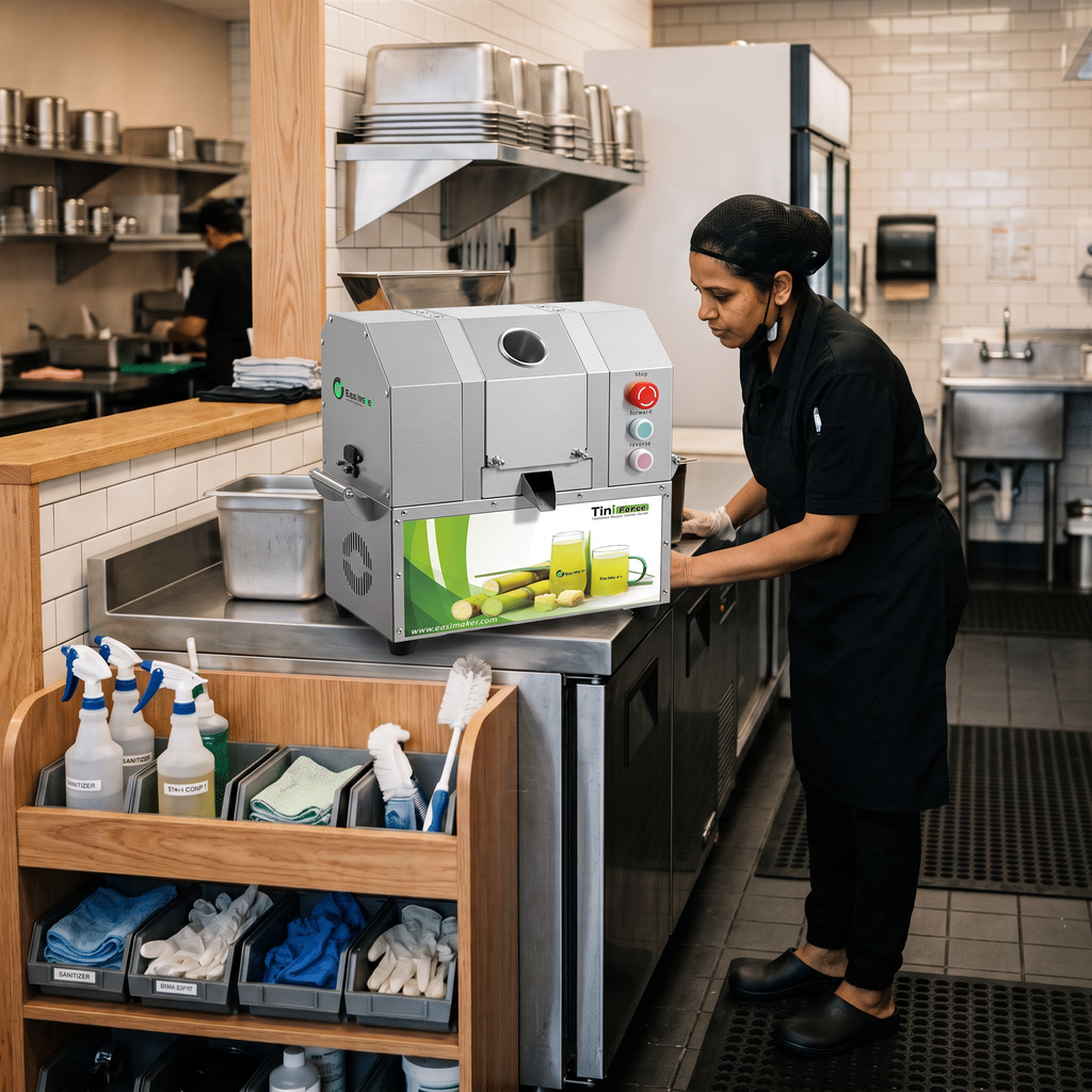 Operator inspecting a clean commercial sugarcane juicer before service