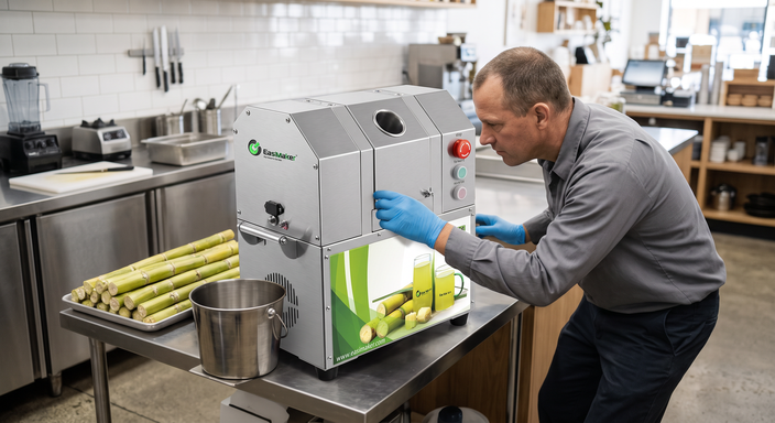 Technician safely inspecting a commercial sugarcane juicer during troubleshooting