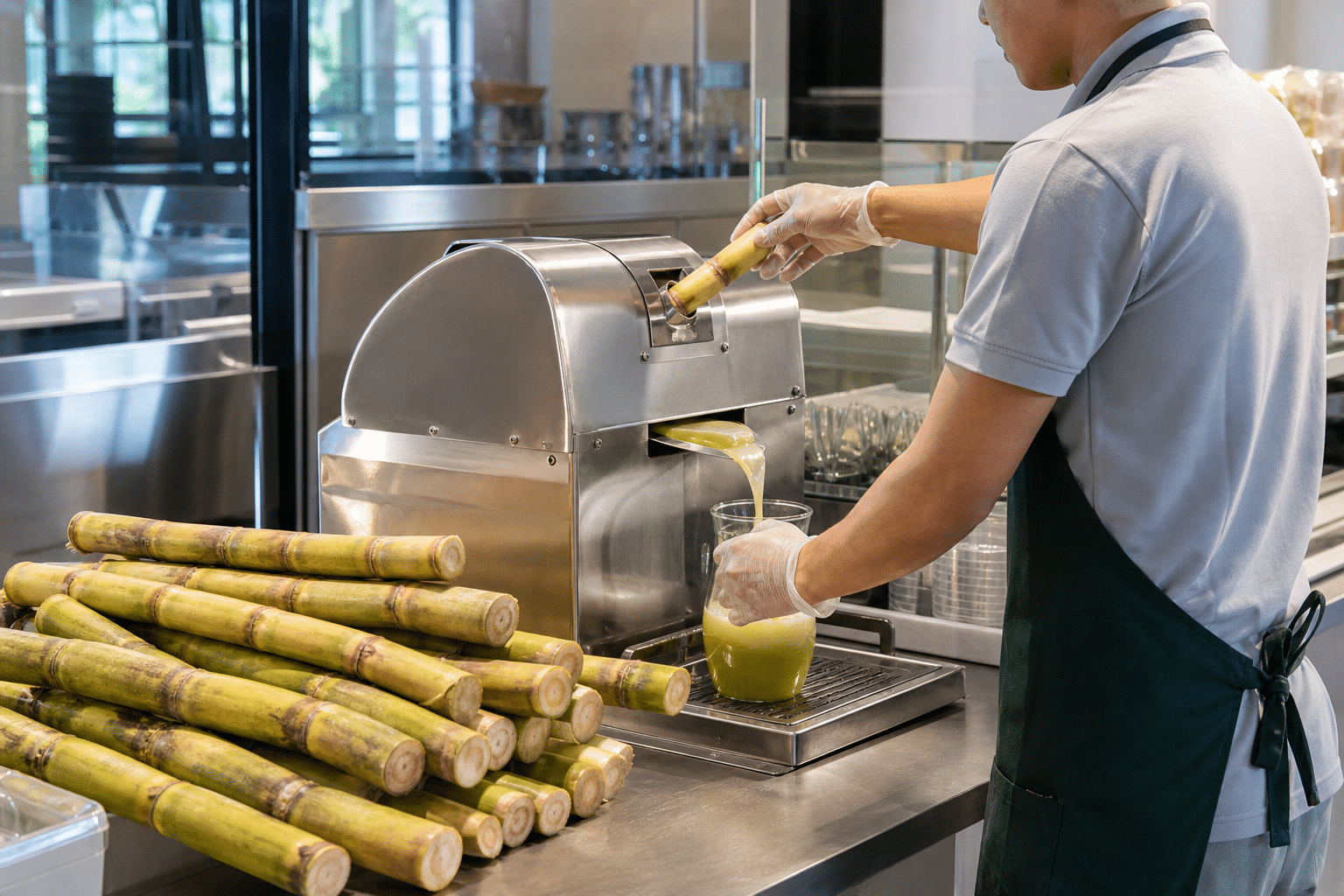 Commercial sugarcane juicer in a professional beverage preparation setting