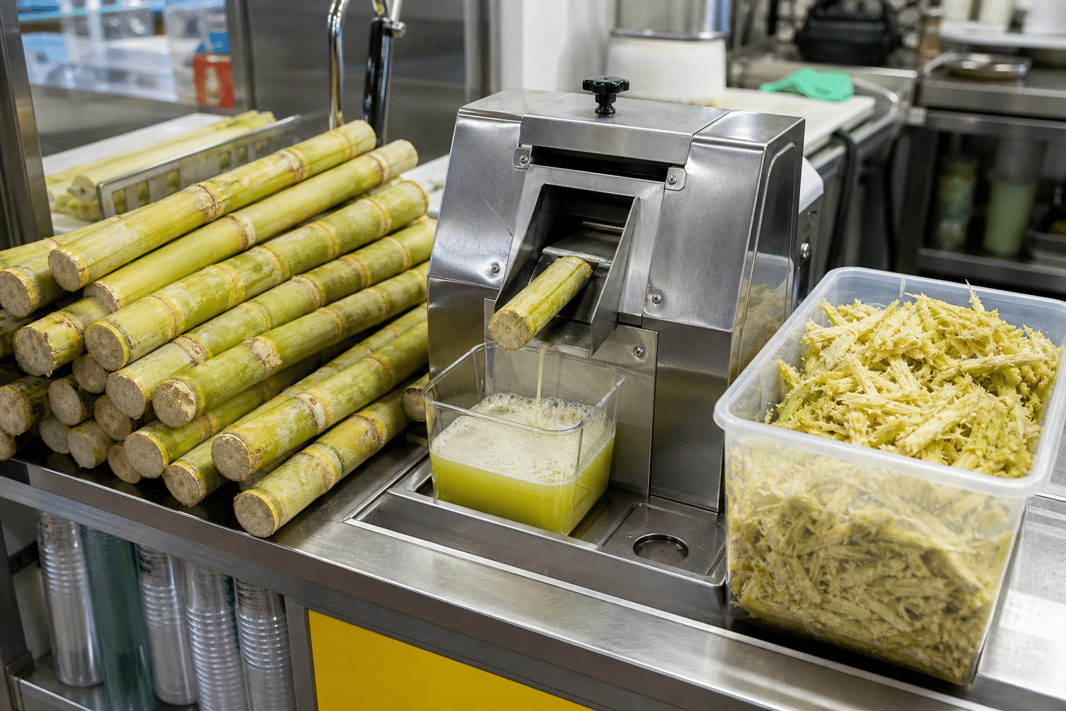 Organized commercial sugarcane juice preparation workflow