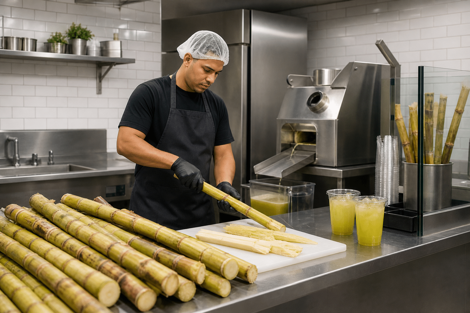 Operator workflow at a commercial sugarcane juicing station