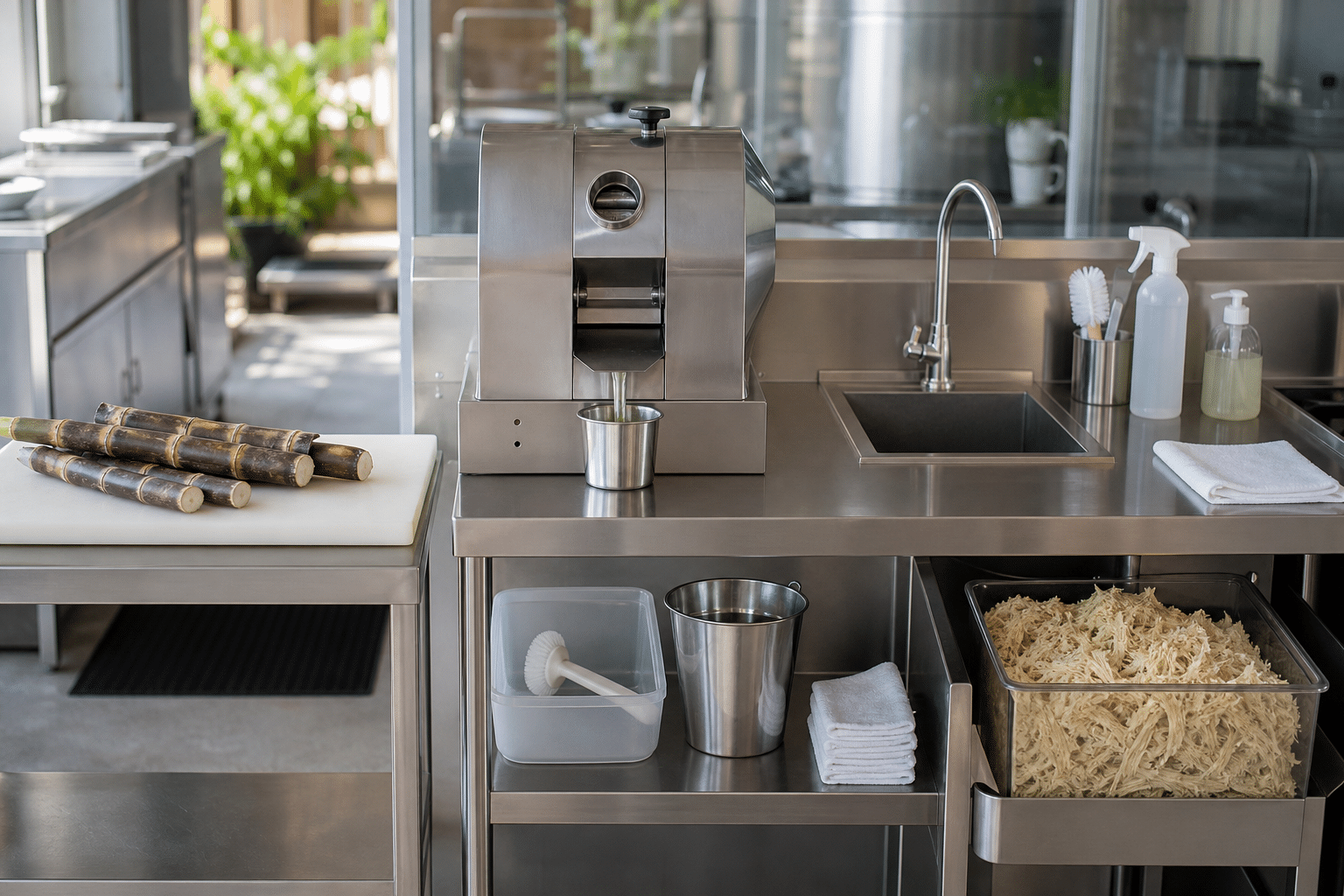 Clean commercial sugarcane juicer sanitation and maintenance station