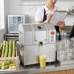 Commercial sugarcane juice counter with different cup sizes and a menu costing sheet